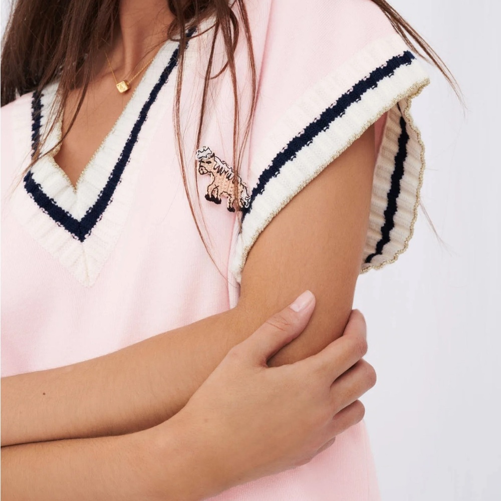 Maje PINK Women's Monette Striped Short Sleeve Edge Sweater Vest US One Size - Picture 7 of 17